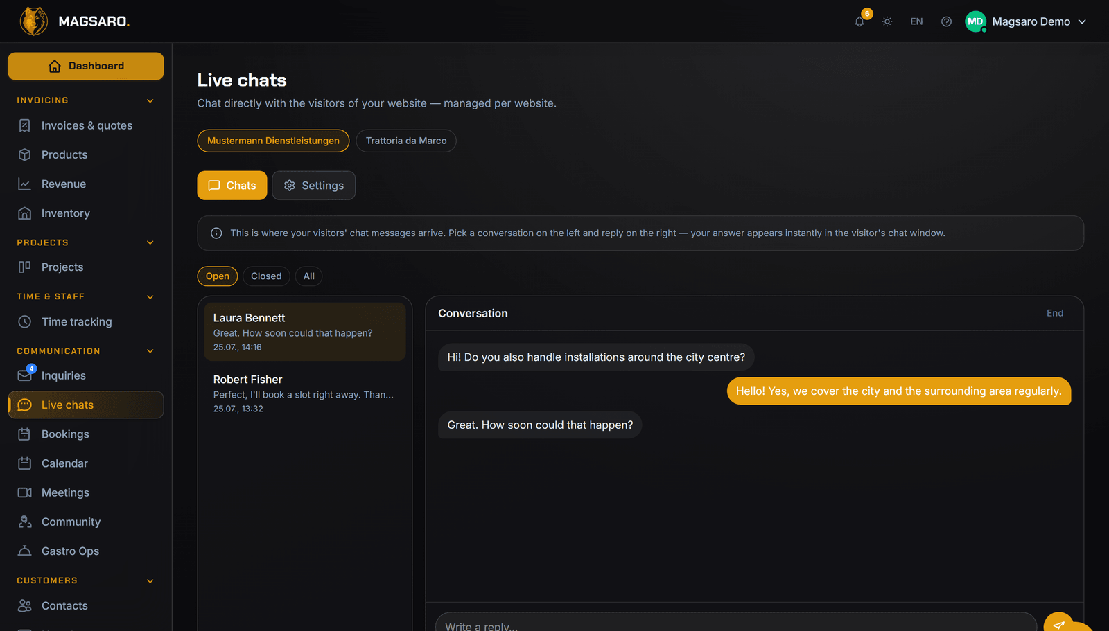 Dashboard · Live chat