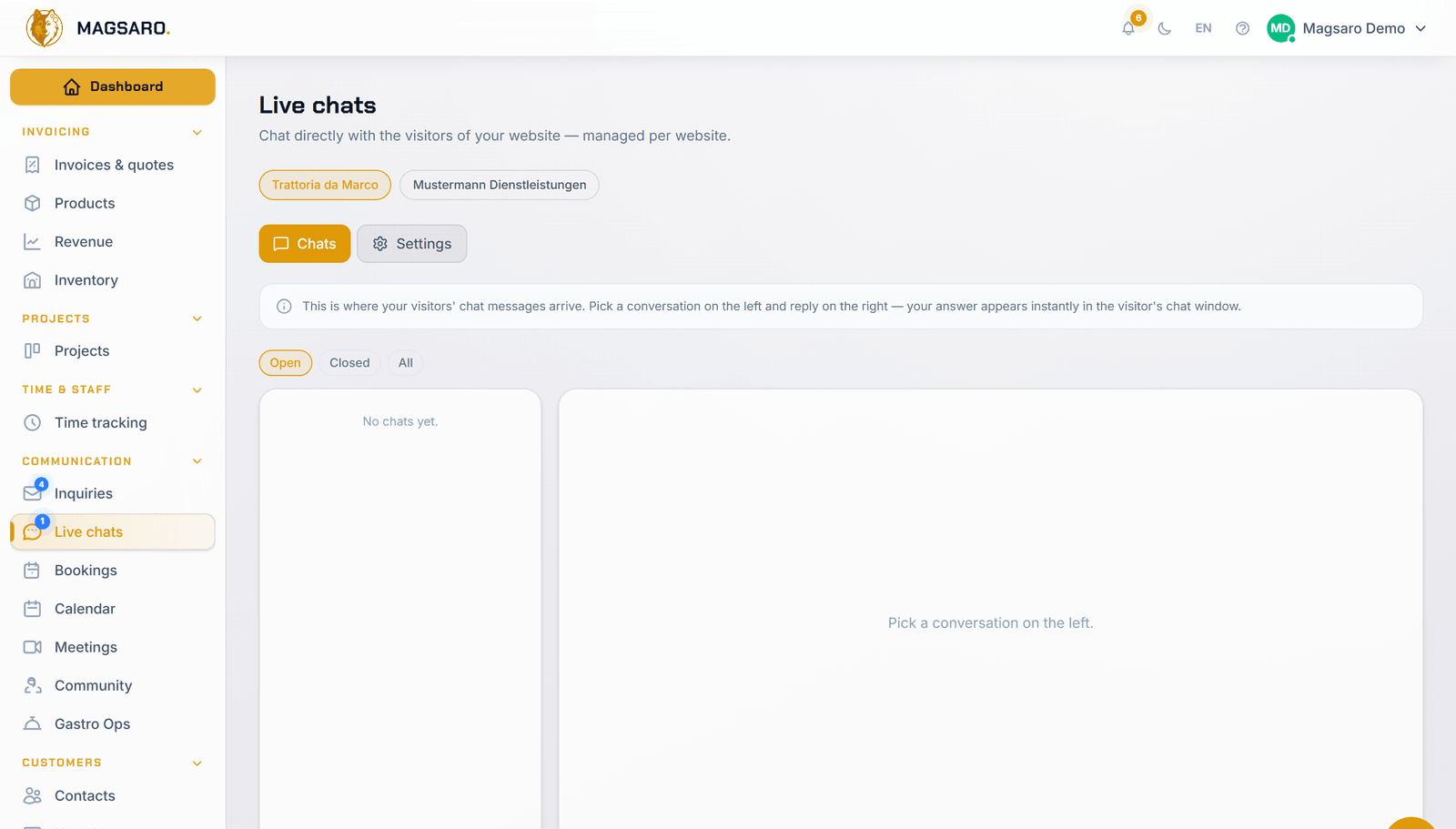 Dashboard · Live chat